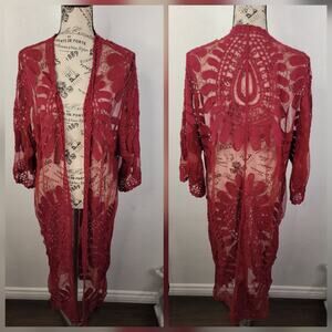 Comfyluxe Kimono Caftan One Size OS Burgundy Lace Cover Up Sheer Boho Whimsycal